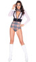 School Nerd Babe costume includes long sleeve plaid romper with collar, sheer top, contrast wide waistband with attached suspenders, and deep v neckline with front zipper closure. Matching plaid bow tie also included. Two piece set.