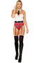 Hall Pass Hottie costume includes strapless bodysuit with plaid bottom, attached vinyl garter straps and back zipper closure. Collar with vinyl mini tie and vinyl belt also included. Three piece set.