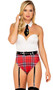 Hall Pass Hottie costume includes strapless bodysuit with plaid bottom, attached vinyl garter straps and back zipper closure. Collar with vinyl mini tie and vinyl belt also included. Three piece set.