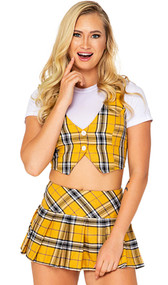 Beverly Hills School Girl costume includes short sleeve crop top, plaid cropped vest with button detail and pleated plaid mini skirt. Three piece set.