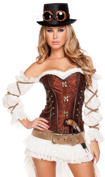 Sexy Steam Punk Babe deluxe costume includes strapless brocade corset with stud and chain detail, elegant metal front clasps, and lace up back. Off the shoulder ruffled crop top with wrapped sleeves and matching tiered ruffled skirt also included. Top hat, goggles, belt and prop gun also included. Seven piece set.