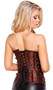 Strapless brocade corset with bronze large stud and chain detailing, elegant metal front clasps, contrast black trim and lace up back.