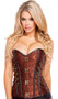 Strapless brocade corset with bronze large stud and chain detailing, elegant metal front clasps, contrast black trim and lace up back.