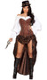 Machinery Steam Punk deluxe costume includes strapless brocade corset with stud and chain detail, elegant metal front clasps, and lace up back. Matching high low skirt and off the shoulder ruffled crop top with long puff sleeves also included. Top hat, goggles and prop gun also included. Six piece set.