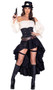 Steam Punk Seductress deluxe costume includes brocade waist cincher with large metal stud and lace up front detail, attached high low ruffled skirt and back zipper closure. Off the shoulder ruffled crop top with long puff sleeves also included. Faux leather adjustable bullet holster belt with gear and chain accents and lace up detail also included. Top hat, goggles and prop gun also included. Six piece set.