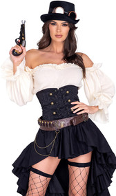 Steam Punk Seductress deluxe costume includes brocade waist cincher with large metal stud and lace up front detail, attached high low ruffled skirt and back zipper closure. Off the shoulder ruffled crop top with long puff sleeves also included. Faux leather adjustable bullet holster belt with gear and chain accents and lace up detail also included. Top hat, goggles and prop gun also included. Six piece set.