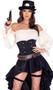 Steam Punk Seductress deluxe costume includes brocade waist cincher with large metal stud and lace up front detail, attached high low ruffled skirt and back zipper closure. Off the shoulder ruffled crop top with long puff sleeves also included. Faux leather adjustable bullet holster belt with gear and chain accents and lace up detail also included. Top hat, goggles and prop gun also included. Six piece set.