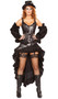 Sexy Steam Punk Maiden deluxe costume includes brocade corset with ruffle trim, wide shoulder straps, front clasp closure and lace up back. High low ruffled tiered skirt and matching puff sleeves also included. Brocade belt, top hat, and goggles also included. Six piece set.