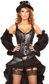 Sexy Steam Punk Maiden deluxe costume includes brocade corset with ruffle trim, wide shoulder straps, front clasp closure and lace up back. High low ruffled tiered skirt and matching puff sleeves also included. Brocade belt, top hat, and goggles also included. Six piece set.