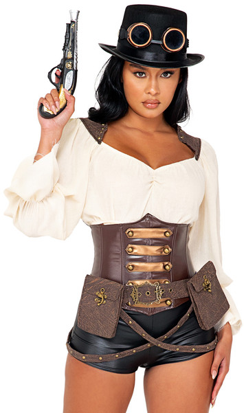 Industrial Vixen Steam Punk deluxe costume includes peasant style top with gathered long sleeves, flared wrists, and studded faux leather accents. Faux leather underbust waist cincher with faux bracket and button detail and back zipper closure also included. Adjustable belt with studded strap accents, metal hardware and pouches also included. Wet Look shorts, top hat, goggles and prop gun also included. Seven piece set.