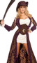 Decadent Pirate Diva deluxe costume includes long brocade overcoat jacket with large stud trim and cuff detail, matching boot topper cuffs and hat, faux leather underbust waist cincher with front zipper closure, adjustable belt, and semi-sheer ruffled dress. Six piece set.