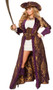 Decadent Pirate Diva deluxe costume includes long brocade overcoat jacket with large stud trim and cuff detail, matching boot topper cuffs and hat, faux leather underbust waist cincher with front zipper closure, adjustable belt, and semi-sheer ruffled dress. Six piece set.