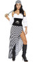 Pirate Lass costume set includes striped asymmetrical long skirt with high slit, matching head scarf, waist cincher with rhinestone skull and bone brooch, ruffled crop top with rhinestone buckles, puffy sleeves and sword. Six piece set.