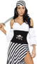 Pirate Lass costume set includes striped asymmetrical long skirt with high slit, matching head scarf, waist cincher with rhinestone skull and bone brooch, ruffled crop top with rhinestone buckles, puffy sleeves and sword. Six piece set.