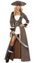 Pirate Captain deluxe costume set includes distressed long trench overcoat with studded collar, oversized ruffle cuffs, front zipper closure, back slit and attached oversized belt with rhinestone detail. Strapless ruffled mini dress, hat and sword also included. Four piece set. 