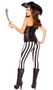 Seven Seas Hottie Pirate costume includes strapless brocade corset with stud and chain detail, elegant metal front clasps, and lace up back. Striped pants and plastic sword also included. Three piece set.