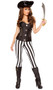 Seven Seas Hottie Pirate costume includes strapless brocade corset with stud and chain detail, elegant metal front clasps, and lace up back. Striped pants and plastic sword also included. Three piece set.