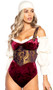 Elegant Pirate Maiden costume set includes velvet bodysuit with attached off the shoulder ruffled puff sleeves and wide adjustable buckle straps. Brocade waist cincher with back zipper closure, head scarf and plastic sword also included. Four piece set.