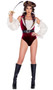 Sultry Pirate costume set includes sleeveless velvet romper with brocade collar, ruffle trim, and attached ruffled faux top. Matching long ruffled sleeves, belt with grommet detail, brocade hat and plastic sword also included. Five piece set.