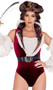 Sultry Pirate costume set includes sleeveless velvet romper with brocade collar, ruffle trim, and attached ruffled faux top. Matching long ruffled sleeves, belt with grommet detail, brocade hat and plastic sword also included. Five piece set.