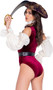 Sultry Pirate costume set includes sleeveless velvet romper with brocade collar, ruffle trim, and attached ruffled faux top. Matching long ruffled sleeves, belt with grommet detail, brocade hat and plastic sword also included. Five piece set.