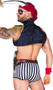 Captain Hunk pirate costume set includes brocade bolero jacket with fringe epaulettes, high collar, and button trim. Striped mini shorts, sash, adjustable holster belt, bandana, and plastic sword also included. Six piece set.