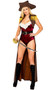 Pirate Buccaneer Beauty costume deluxe set includes sleeveless velvet bodysuit with ruffled trim, distressed faux leather bolero jacket with epaulettes, collar and button trim, matching adjustable belted overskirt with open front, and matching hat. Four piece set.