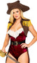 Pirate Buccaneer Beauty costume deluxe set includes sleeveless velvet bodysuit with ruffled trim, distressed faux leather bolero jacket with epaulettes, collar and button trim, matching adjustable belted overskirt with open front, and matching hat. Four piece set.