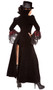 The Lusty Vampire deluxe costume set includes long velvet overcoat with sequin and lace bell sleeves, contrast red trim with high collar and back slit. Attached sequin corset with front zipper closure, lace neck piece, mini shorts and top hat also included. Four piece set.