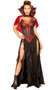 Blood Lusting Vampire deluxe costume set includes brocade corset with dramatic pointed cups and matching hemline, slight padding, and lace up back. Long ruffled skirt with double front slits also included. Short cape with attached high pointed collar also included. Three piece set.