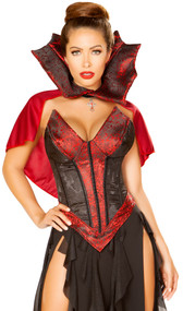 Blood Lusting Vampire deluxe costume set includes brocade corset with dramatic pointed cups and matching hemline, slight padding, and lace up back. Long ruffled skirt with double front slits also included. Short cape with attached high pointed collar also included. Three piece set.