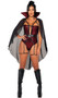 Underworld Vampire costume includes sleeveless sequin bodysuit with plunging neckline, strappy details with attached leg garters, O ring accent, attached tall collar with long sheer cape. Adjustable belt with grommet detail also included. Two piece set.