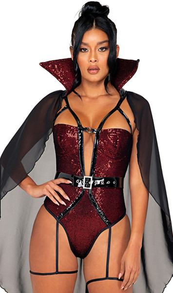 Underworld Vampire costume includes sleeveless sequin bodysuit with plunging neckline, strappy details with attached leg garters, O ring accent, attached tall collar with long sheer cape. Adjustable belt with grommet detail also included. Two piece set.