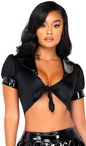 Tie front crop top with short puff sleeves, collar and vinyl trim.
