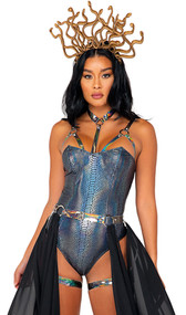Sensual Serpent Medusa Queen costume set includes sleeveless metallic bodysuit with snake scale print, pointed cups with studded strappy details and O ring accents, attached harness with choker, and wide shoulder straps. Matching belt with attached long drapes and metallic leg garters also included. Plastic snake head piece also included. Three piece set.