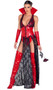 Wicked Vampire costume set includes sleeveless vinyl and sheer lace dress with plunging neckline, attached romper, double front slits and detachable high collar. Vinyl waist cincher with lace up front and side zipper closure, and matching elbow length wrist cuffs also included. Three piece set.