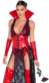 Wicked Vampire costume set includes sleeveless vinyl and sheer lace dress with plunging neckline, attached romper, double front slits and detachable high collar. Vinyl waist cincher with lace up front and side zipper closure, and matching elbow length wrist cuffs also included. Three piece set.