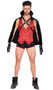 Vampire's Seduction costume set includes floral satin vest with button front. Mid-length cape with attached studded harness, O ring accent and tall collar also included. Mini shorts with red contrast trim also included. Three piece set.