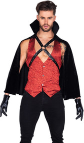 Vampire's Seduction costume set includes floral satin vest with button front. Mid-length cape with attached studded harness, O ring accent and tall collar also included. Mini shorts with red contrast trim also included. Three piece set.