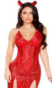 Satan Devil costume set includes strapless padded corset with dramatic pointed cups, a sparkly sequin fabric, boning, lace up back and side zipper closure. Matching long skirt with double front slits, devil horns head piece, and pitch fork also included. Four piece set.