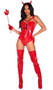 Devilicious costume set includes vinyl romper with lace up front, strappy harness detail with adjustable buckle straps, o rings, wide shoulder straps and back zipper closure. Clip on devil horns and pitch fork also included. Three piece set.