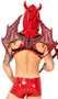 Lucifer's Desire Devil costume set includes studded wet look harness with attached hood with horns and O ring detail. Matching hot shorts with front zipper closure also included. Two piece set.