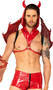 Lucifer's Desire Devil costume set includes studded wet look harness with attached hood with horns and O ring detail. Matching hot shorts with front zipper closure also included. Two piece set.