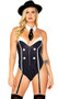 Mafia Diva gangster costume includes pinstriped sleeveless bodysuit with clear adjustable shoulder straps, large faux buttons, attached front garter straps, and front zipper closure. Collar with mini neck tie also included. Two piece set.