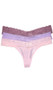 Low rise sheer mesh thong with stretch floral lace waistband and lined crotch. This listing is for a pack of three panties. You will receive one of each: pink, lavender and rosewood.