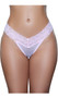 Low rise sheer mesh thong with stretch floral lace waistband and lined crotch. This listing is for a pack of three panties. You will receive one of each: pink, lavender and rosewood.