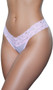 Low rise sheer mesh thong with stretch floral lace waistband and lined crotch. This listing is for a pack of three panties. You will receive one of each: pink, lavender and rosewood.