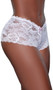 Mid rise sheer floral lace boyshort panty with scalloped trim, mini satin bow, stretch elastic waistband and lined crotch. This listing is for a pack of three panties. You will receive one of each: baby pink, nude and black.