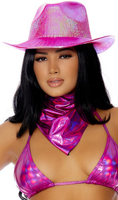 Metallic cowboy hat features an iridescent shimmer finish.