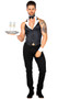 Butler Beefcake costume set includes sleeveless vest with button front closure, contrast lapels and halter style neck. Matching novelty trunks with button front, collar with bow tie and french cuffs also included. Four piece set.